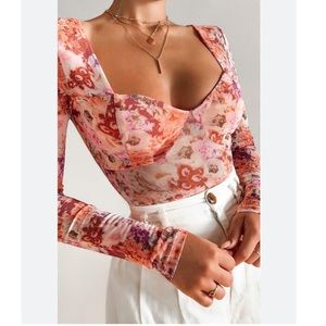 Pink Colorful Floral Mesh Stretch See Through Long Sleeve Crop Top Small